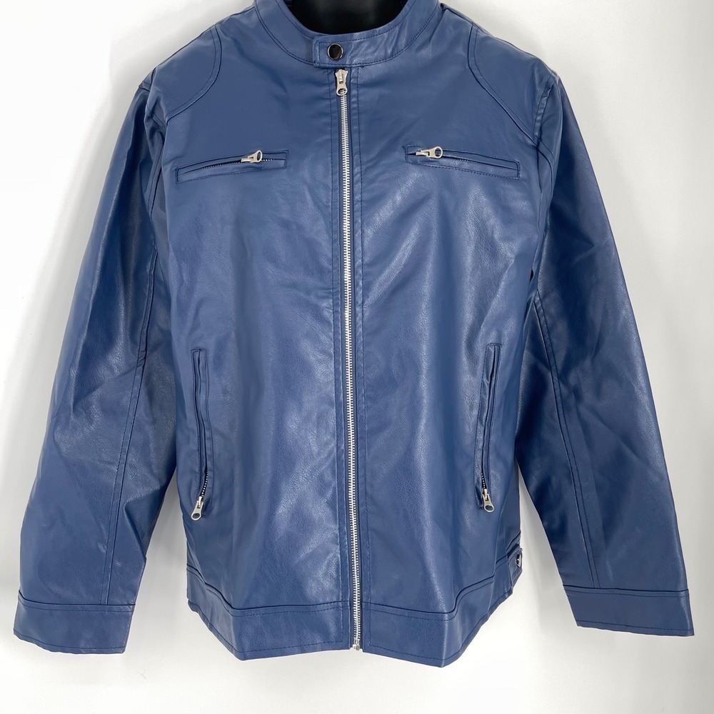 Blue Faux Leather Moto Jacket Men’s Medium Motorcycle Biker Zip Coat